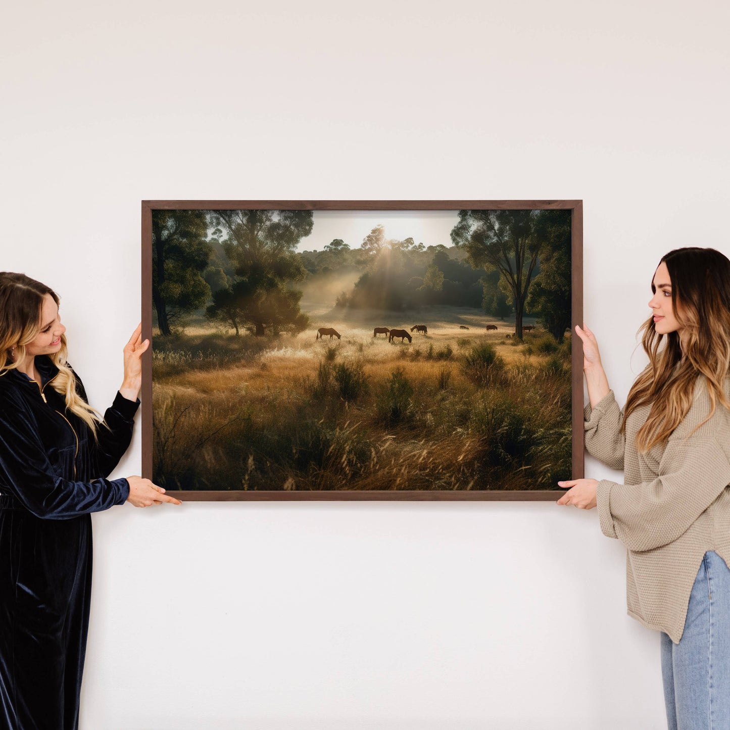 Horses in a Field - Framed Animal Canvas Art - Farmhouse Art: 18x24" Large Canvas Art with Thick Wood Frame