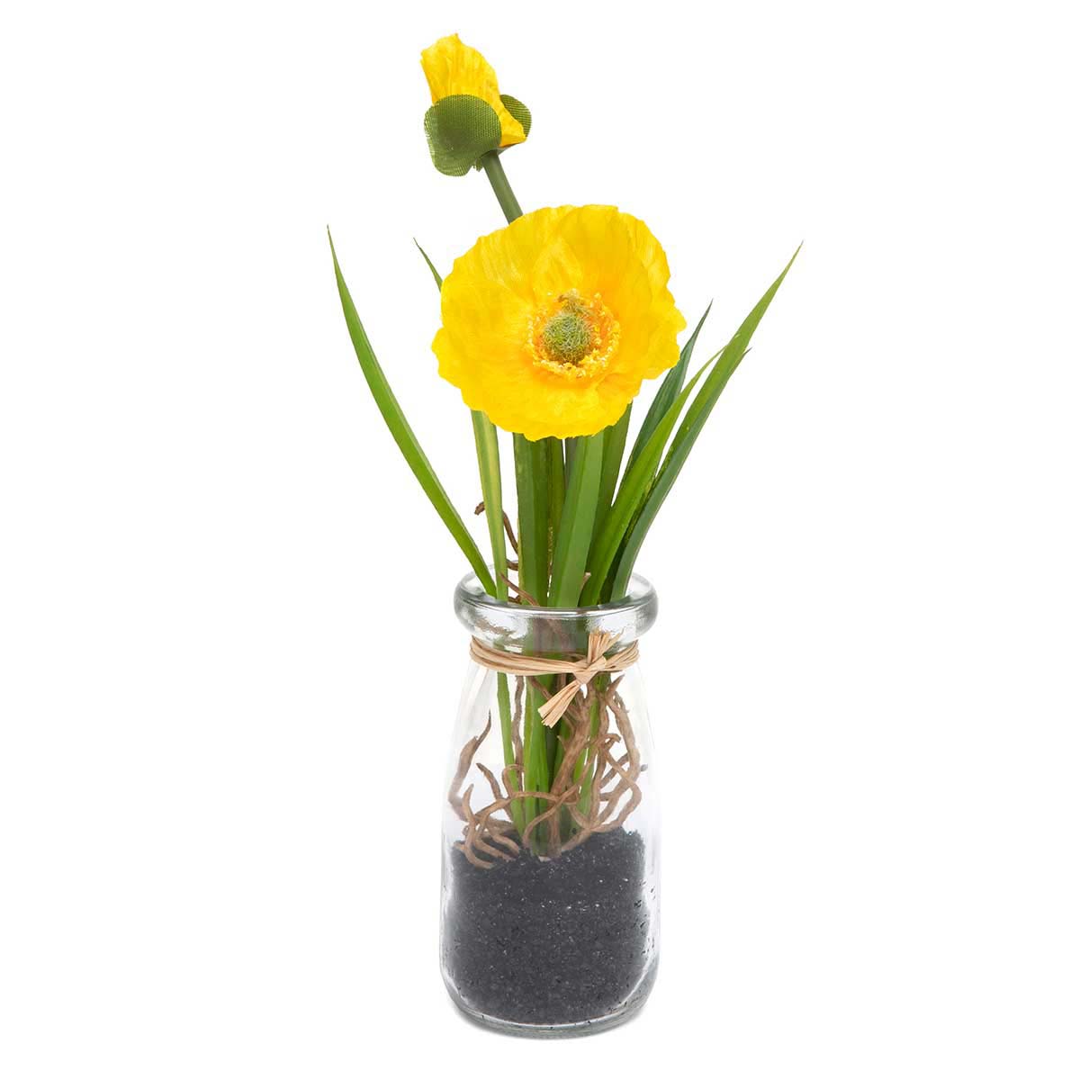 MeraVic Faux Poppy in Glass Bottle - Yellow
