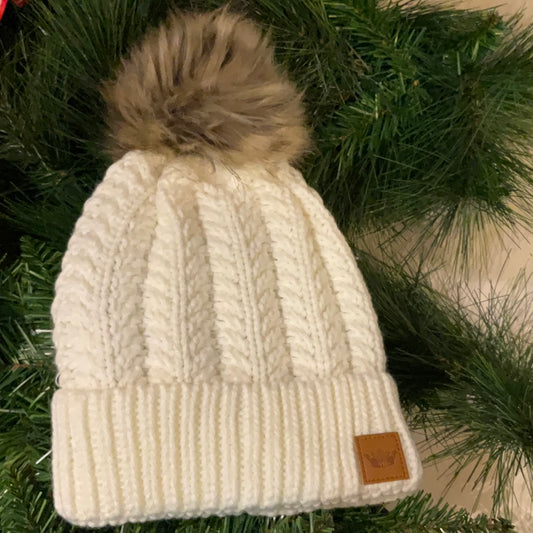 Panache Apparel White with Wide Cable Knit Pom Hat