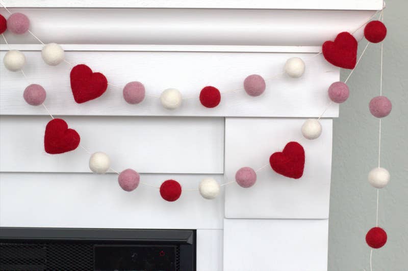 Matthew + Mae - Valentine's Day Garland- Red Pink White- Felt Balls & Hearts