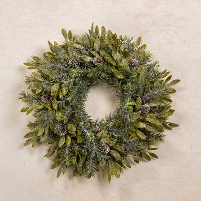 Ragon House - 15" GLITTERED PINE W/ LEAVES & PINECONES WREATH