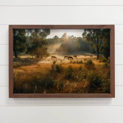 Horses in a Field - Framed Animal Canvas Art - Farmhouse Art: 18x24" Large Canvas Art with Thick Wood Frame
