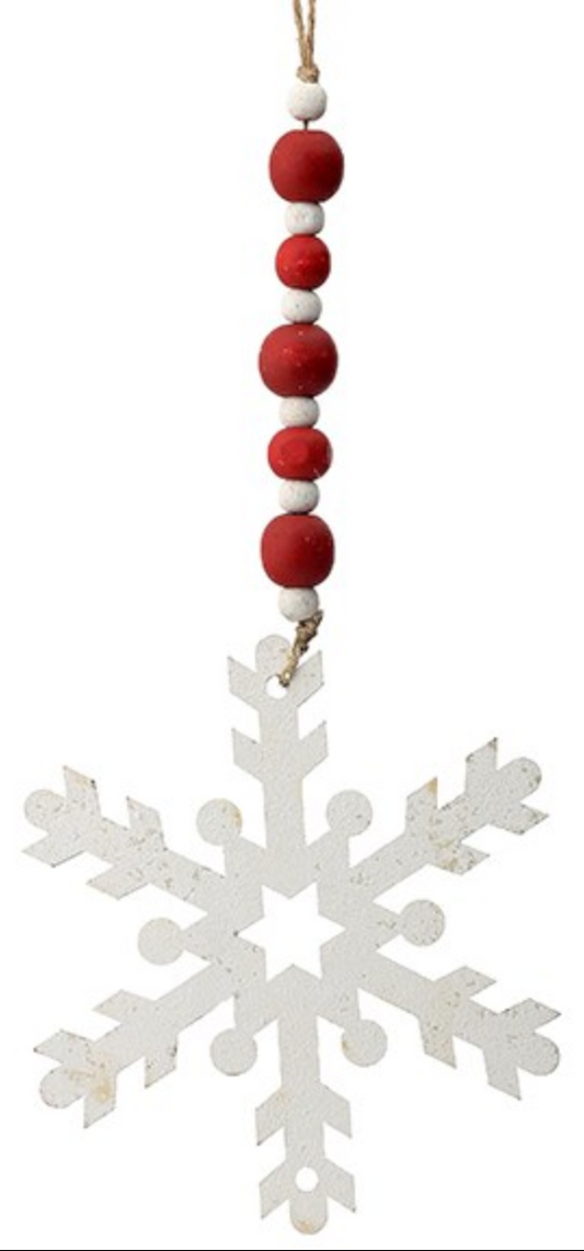 Melrose Wooden Snowflake with Red & White Beads Ornament