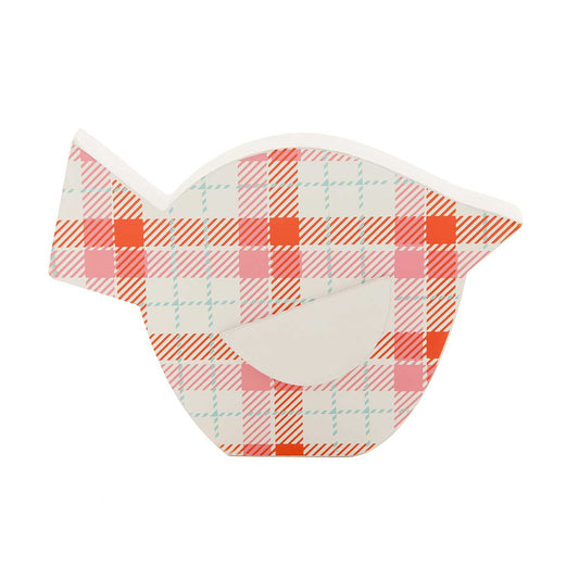 MeraVic Chickadee Bird Wooden Shelf-Sitter - medium coral plaid